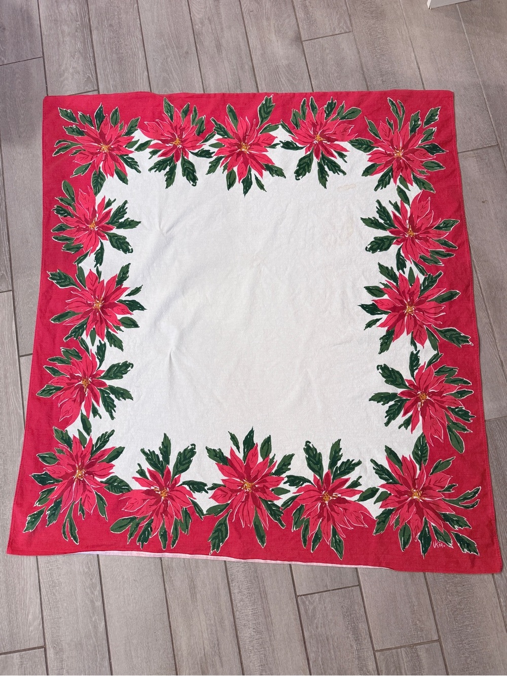 Vintage Vera Neumann Christmas Holiday Poinsettia Tablecloth 45x50